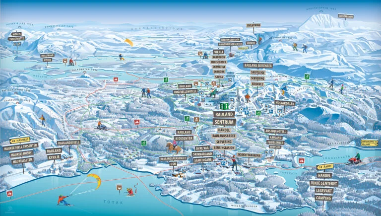 Kart over Rauland i Norge med skisenter, hotell og turistattraksjoner markert i vinterlandskap.