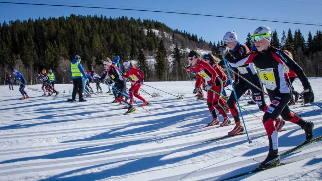 Langrennsløpere i konkurranse på snødekt landskap med skog i bakgrunnen, klar blå himmel.