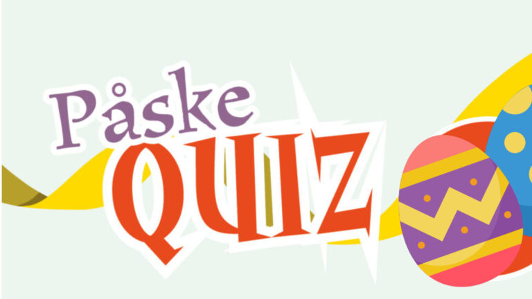 Påskequiz-banner med fargerike påskeegg og gule dekorasjoner. Perfekt for vår- og påskefeiring.