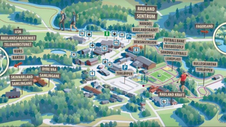 Kart over Rauland med turløyper, lekeplass, frisbeegolf, Raulandsbadet og merket handel og servering i sentrum.