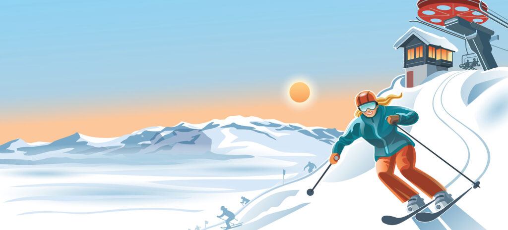 Kvinne på ski nedover en solfylt bakke med fjell i bakgrunnen, klar himmel og skiheis ved siden.