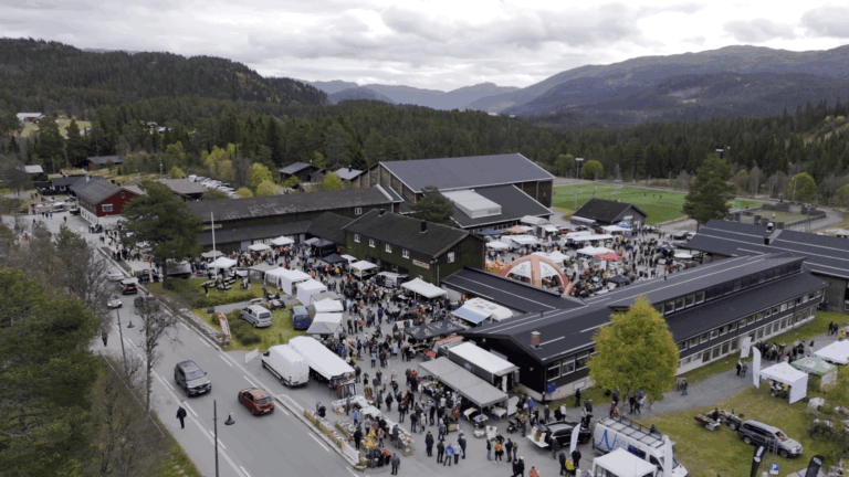 Luftfoto av en travel markedsdag i fjellandskap i Norge, med boder, folk og skogkledde åser i bakgrunnen.
