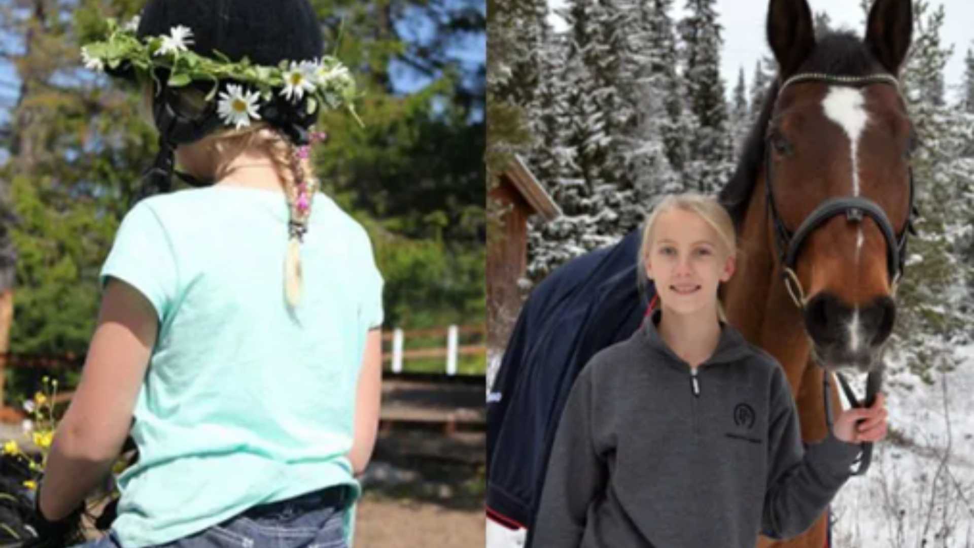 Jente med blomsterkrans rir hest om sommeren; om vinteren står hun ved siden av en hest i snødekket landskap.