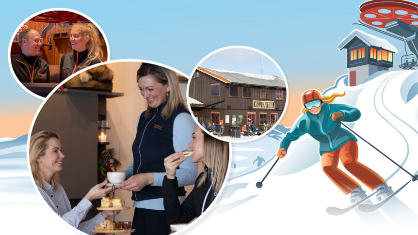 Skiopplevelse med kafé, servering og moro i snøen på fjellet. Vintersport og hyggelig atmosfære.