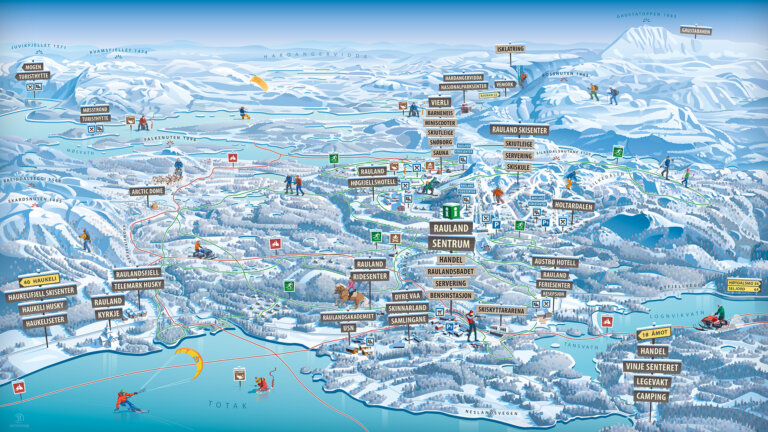 Kart over Rauland med ski- og vinteraktiviteter, turstier og severdigheter i vakre, snøkledde omgivelser.