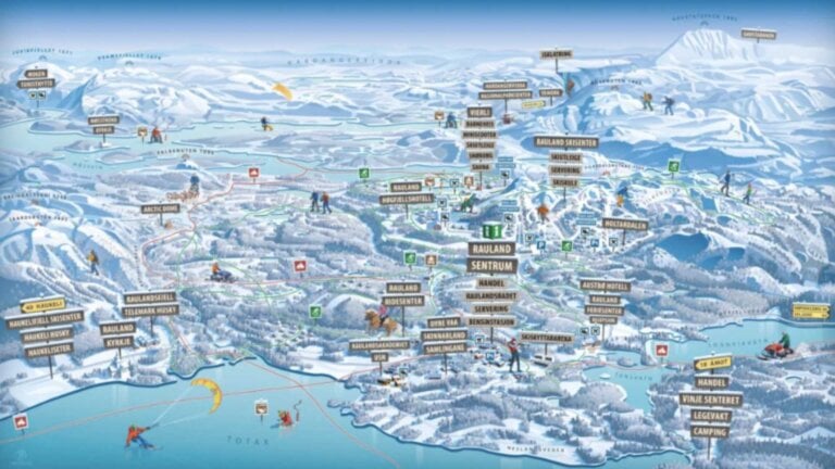 Kart over Rauland-området med skiløyper, overnattingssteder og aktivitetsområder i vinterlandskap.