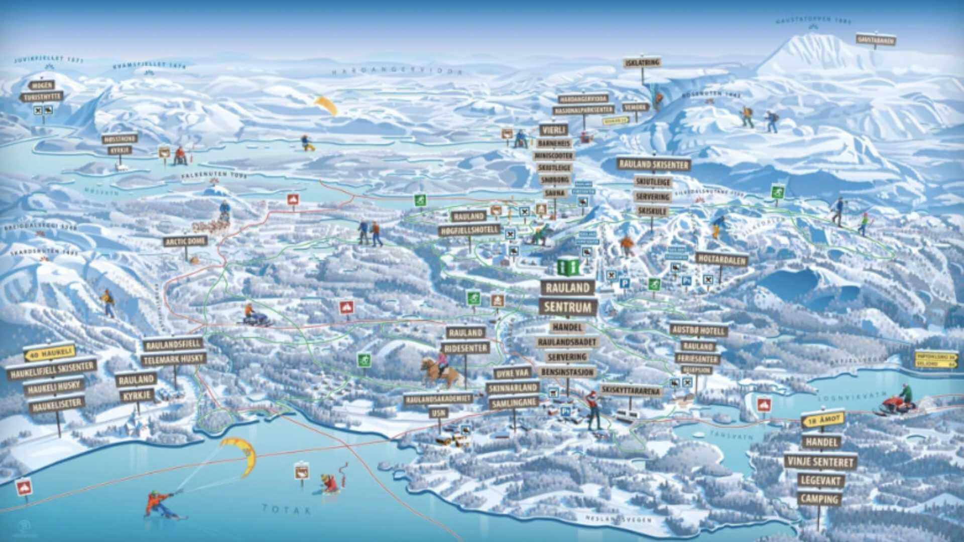 Kart over Rauland-området med skiløyper, overnattingssteder og aktivitetsområder i vinterlandskap.