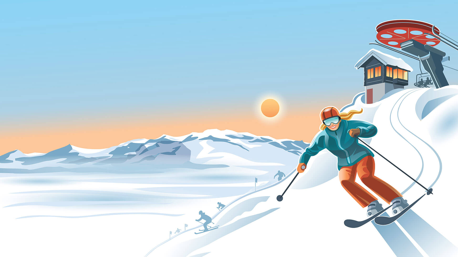 Kvinne på ski i solfylt vinterlandskap med fjell og skiheis i bakgrunnen.