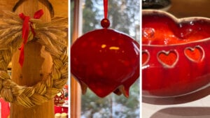 Halmkrans, rød juledekorasjon og hjerteformet keramikk med hjerter. Koselig julepynt i tre deler.