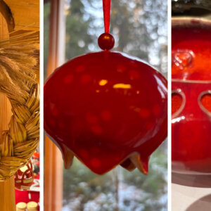 Halmkrans, rød juledekorasjon og hjerteformet keramikk med hjerter. Koselig julepynt i tre deler.