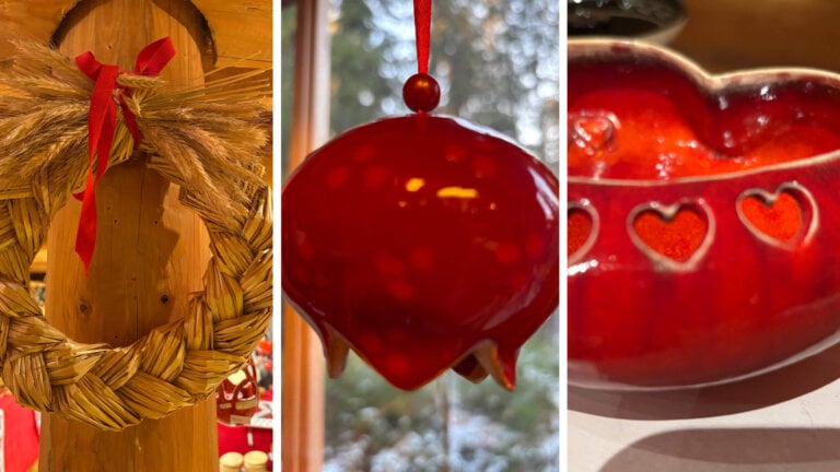 Halmkrans, rød juledekorasjon og hjerteformet keramikk med hjerter. Koselig julepynt i tre deler.