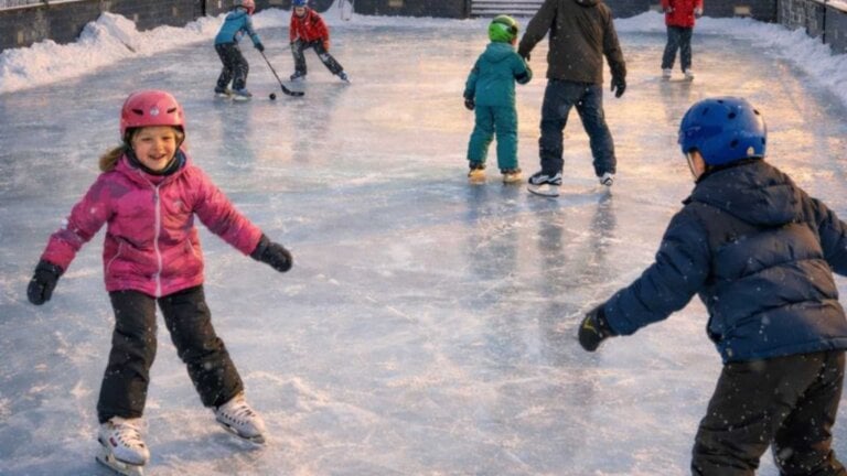 Barn som leker og står på skøyter på en isbane om vinteren.