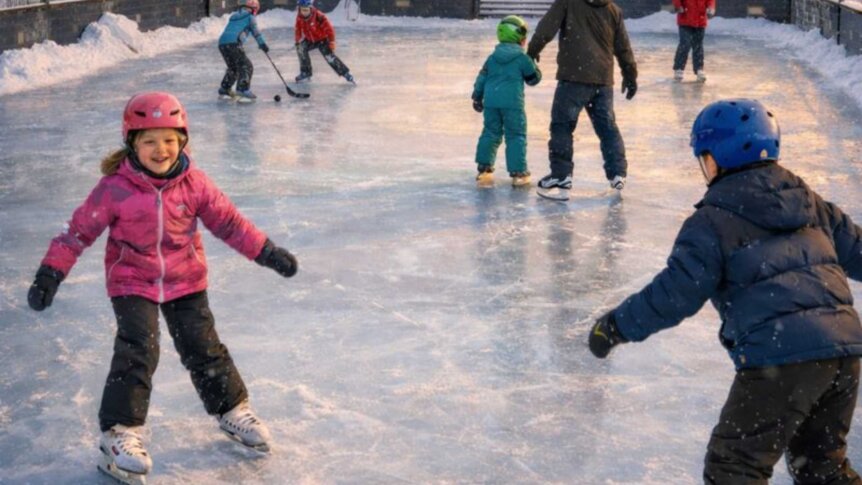Barn som leker og står på skøyter på en isbane om vinteren.