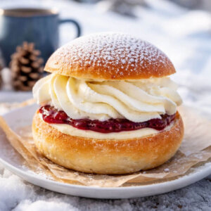 Luftig fastelavnsbolle med krem og syltetøy på tallerken i vinterlandskap, perfekt til feiringen.