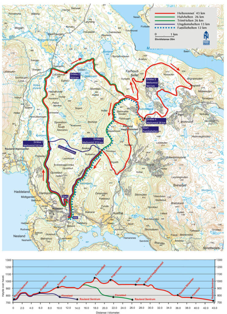 Kaart van de Heldenrace in Noorwegen met routeopties van 43 km, 26 km, 13 km en 12 km, aangegeven in verschillende kleuren.