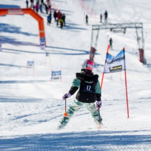 Barn i skikurs kjører ned slalåmbakke med nummer 17 på rygg, mot snødekt målområde og fargerike porter.