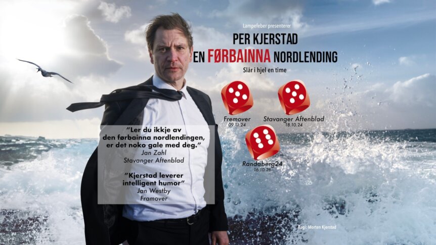 Man in a suit by the sea, promotional poster for Per Kjerstad: A Cursed Northerner with dice roll reviews.