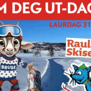 Maskot for Kom Deg Ut-dagen på Rauland Skisenter, 31. januar, med snødekkede fjell i bakgrunnen.