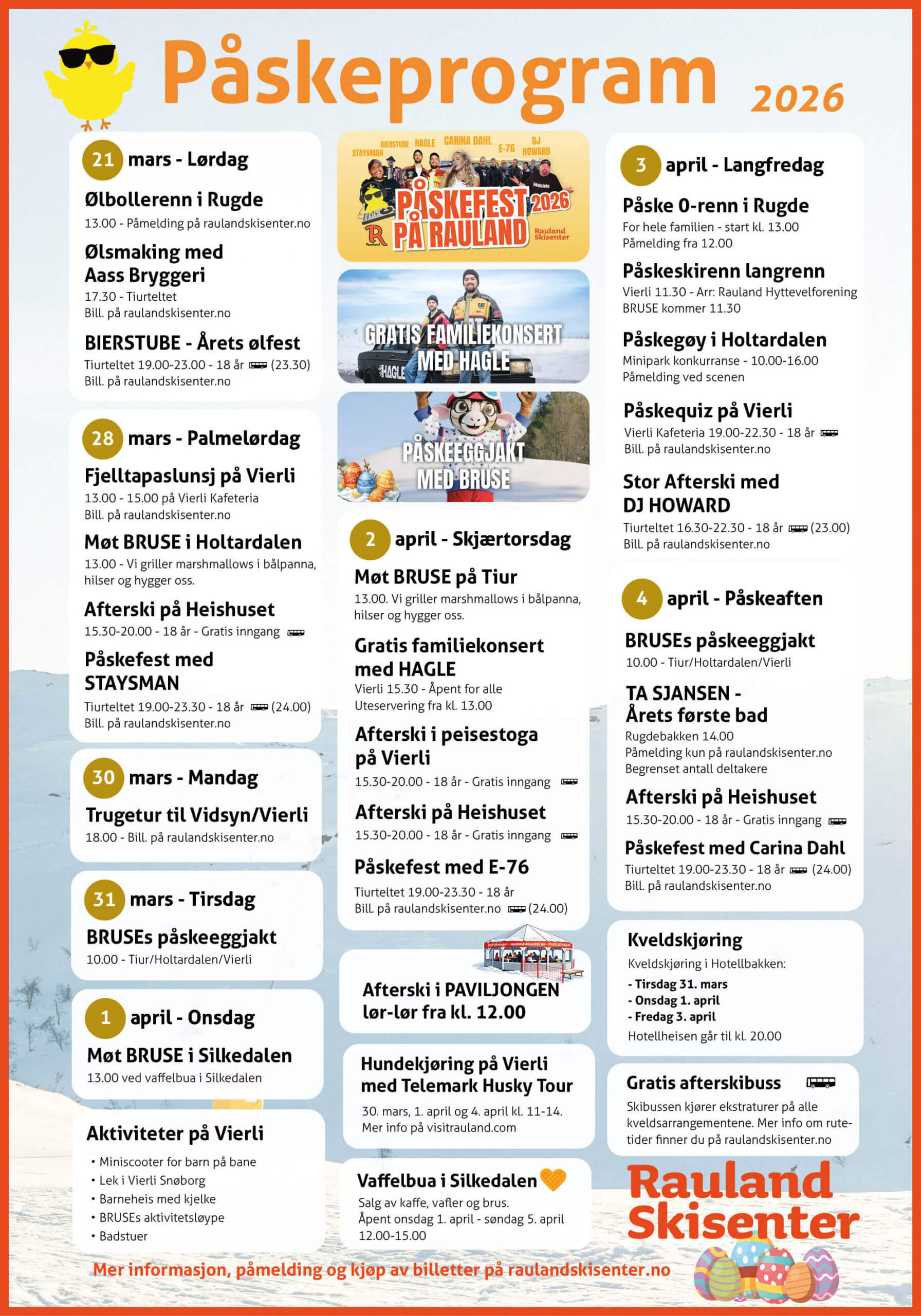 Alt-tekst: Påskeprogram 2026 for Rauland Skisenter med aktiviteter, konserter og arrangementer i mars og april.
