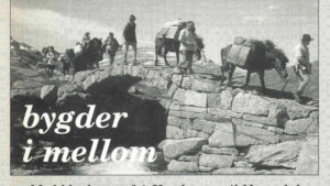 Gruppe vandrer med hester over steinbro i fjellandskap, tekst bygder i mellom. Svart-hvitt foto.