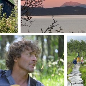 Naturskjønn utsikt fra Mosstrond, en artist som spiller gitar, og glade turgåere i vakre omgivelser.