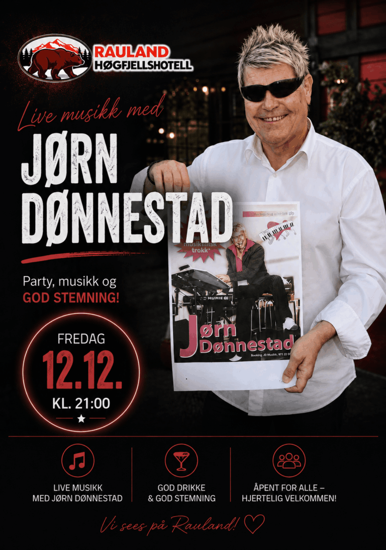 Alt-tekst: Plakat for live musikk med Jørn Dønnesstad på Rauland Høgfjellshotell, fredag 12.12 kl. 21:00.