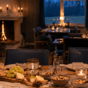 Hyggelig restaurantinnredning med stearinlys, deilig mat og en varm peis, perfekt for en koselig middag.