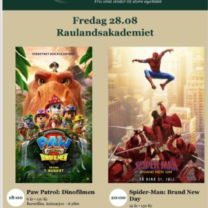 Alt-tekst: Plakat for filmvisning på Bygdekinoen 28.08, med filmer som Paw Patrol: Dinofilmen og Spider-Man: Brand New Day.