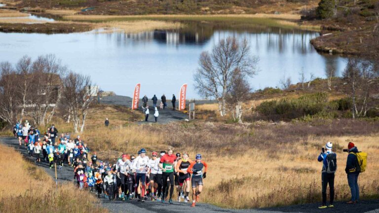 Løpere deltar i et motbakkeløp i Rauland med vakker landskap og innsjø i bakgrunnen.
