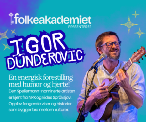 En glad Igor Dunderovic synger og spiller gitar under en energisk forestilling med humor og hjerte.