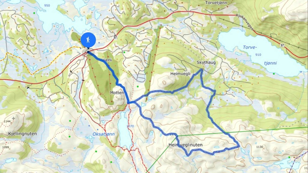Kart med turstier og ruteplanlegging i fjellområdet rundt Vierli, Norge. Ideelt for fotturer og utforsking.