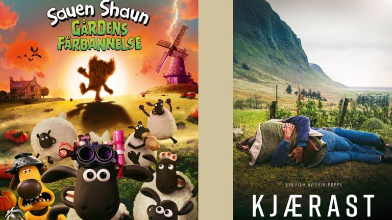 To bilder av filmer: Sauen Shaun: Gårdens forbandelse og Kjærast med dramatisk landskap og karakterer.