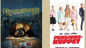 Filplakat for 'Mysteriepakkene' og 'Pensjonskuppet' med barn og kvinner i spennende situasjoner.