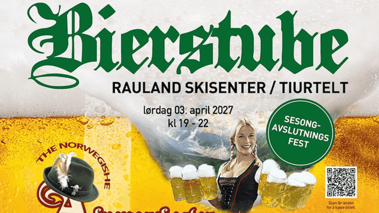 Alt-tekst: Plakat for Bierstube fest i Rauland skisenters Tiurtelt, 3. april 2027, med øl og festglade deltakere.