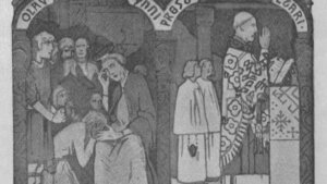 Historisk illustrasjon av Olav den Hellige som leder en seremoni med folkemengde til stede.