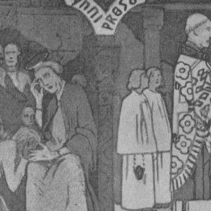 Historisk illustrasjon av Olav den Hellige som leder en seremoni med folkemengde til stede.