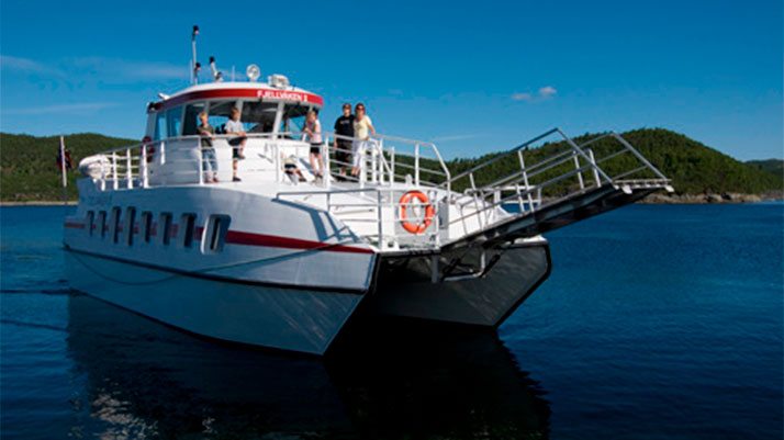 Hvit fergebåt på sjøen med passasjerer om bord, blå himmel og skogkledd bakgrunn.